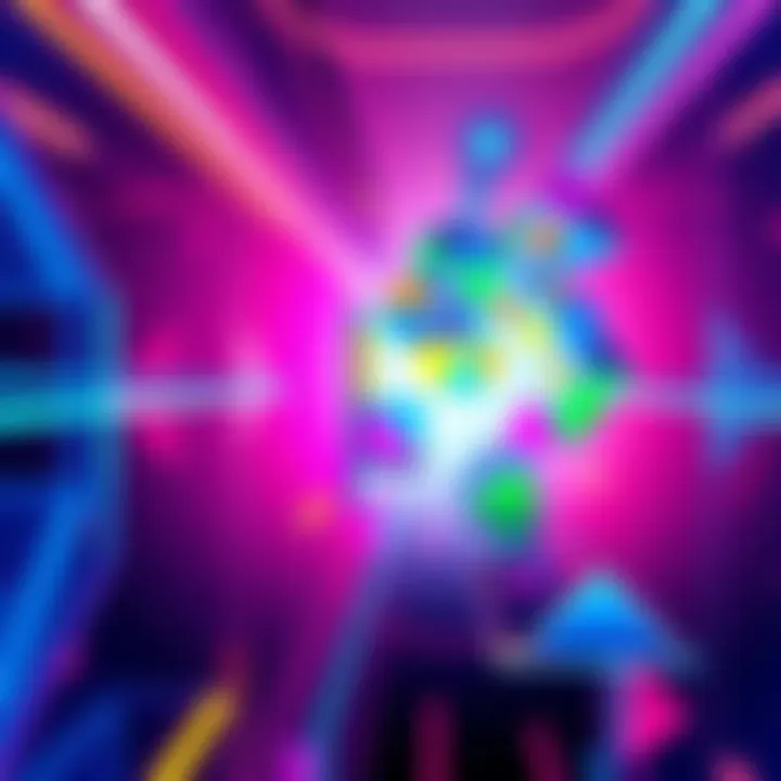 A vibrant scene of a puzzle game interface showcasing space folding mechanics with colorful shapes