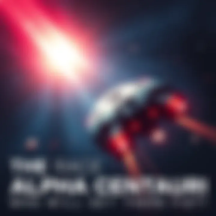 A futuristic spaceship travels through space towards Alpha Centauri, symbolizing the race for interstellar exploration.