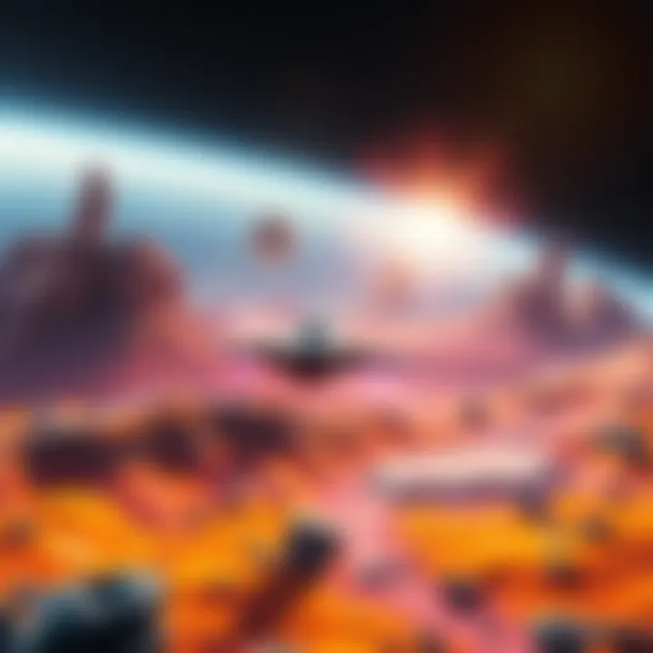 A spaceship descends onto a vibrant alien planet, showcasing stunning landscapes and colorful terrain.