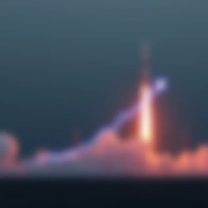 A graphic showing a downward trend in SpaceX's valuation, with a rocket in the background representing aerospace innovation.