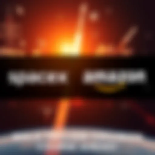 SpaceX and Amazon logos with rockets and satellites Logos of SpaceX and Amazon surrounded by rocket ships and satellites in space