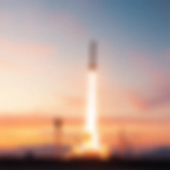 A SpaceX rocket launches into the sky, leaving a trail of smoke and flames, with a colorful sunset in the background