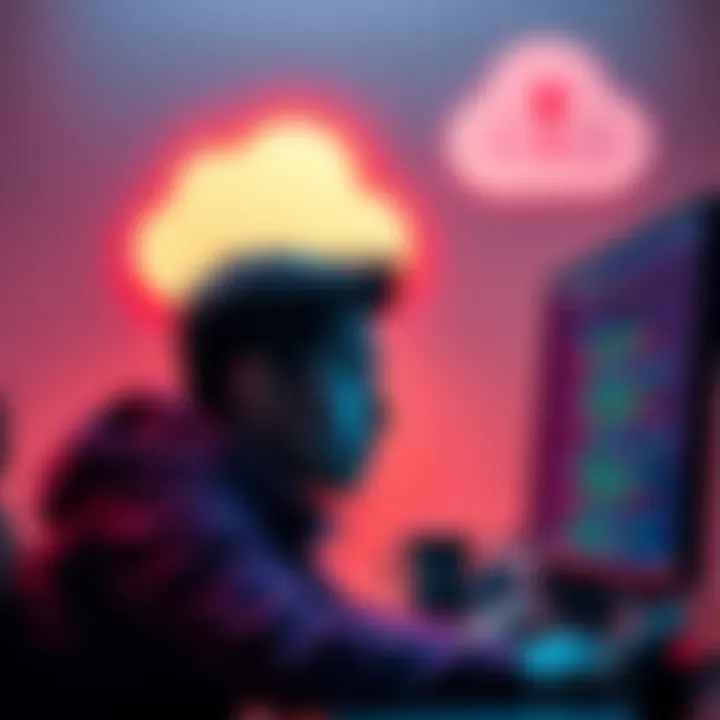 A concerned programmer looking at a computer screen displaying code, with a cloud icon indicating data upload in the background.