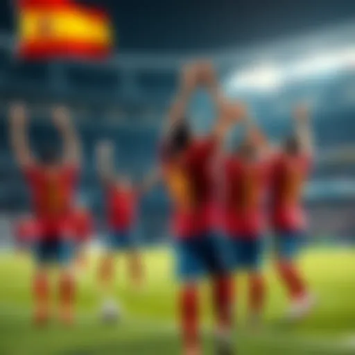 Spanish players celebrate their 2-0 win against France in the World Cup semi-finals, raising their arms in excitement on the field.