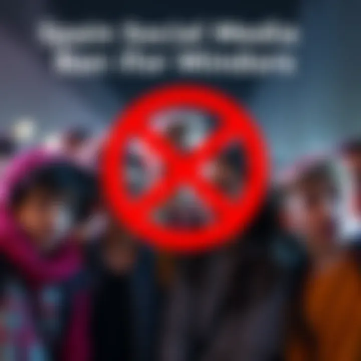 A group of young teens looking concerned while discussing social media use under a no symbol, representing the new law banning access for those under 16 in Spain.