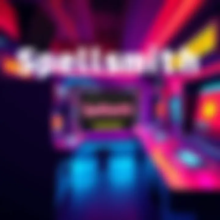 A colorful retro arcade scene showcasing the Spellsmith game interface with pixel art visuals and spelling challenges