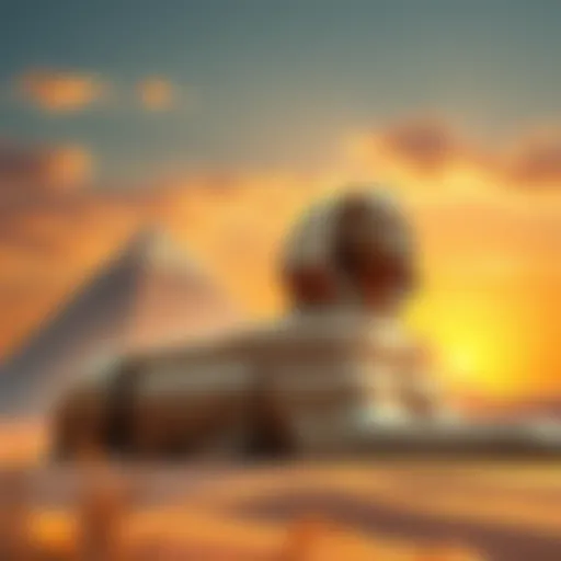 A majestic Sphinx statue sitting in the desert, symbolizing ancient wisdom and mystery, with hieroglyphics in the background.