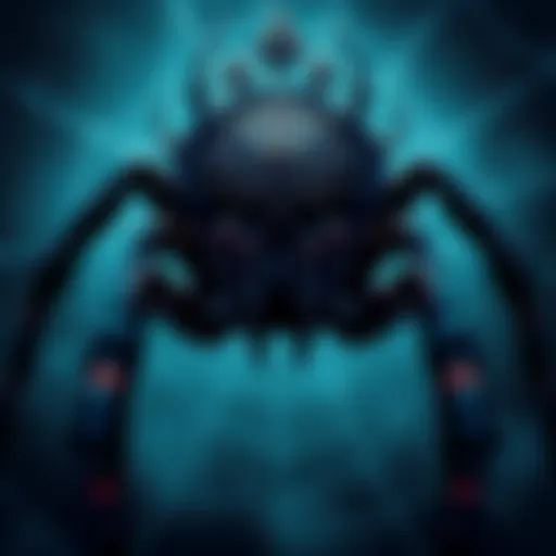 A detailed illustration of a character design for a spider queen, showcasing intricate features and a dark, elegant look, surrounded by web patterns.