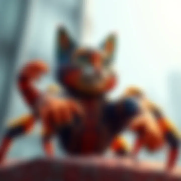 A colorful character resembling a cat with spider-like features, showcasing its new look, including web patterns and playful poses.