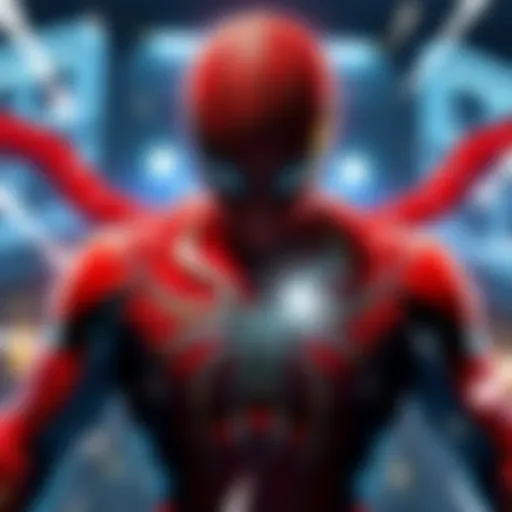Spider-Man Graphics in Godot A digital illustration showing Spider-Man in a comic book style, surrounded by design elements and lighting effects typical of Ultimate Spider-Man, created in Godot engine.