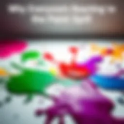 A vibrant puddle of spilled paint in various colors on a white surface, showcasing the artistic mess