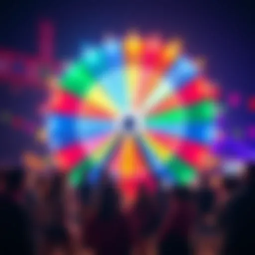 A lively community gathering featuring a large colorful wheel where people take turns spinning to win prizes.