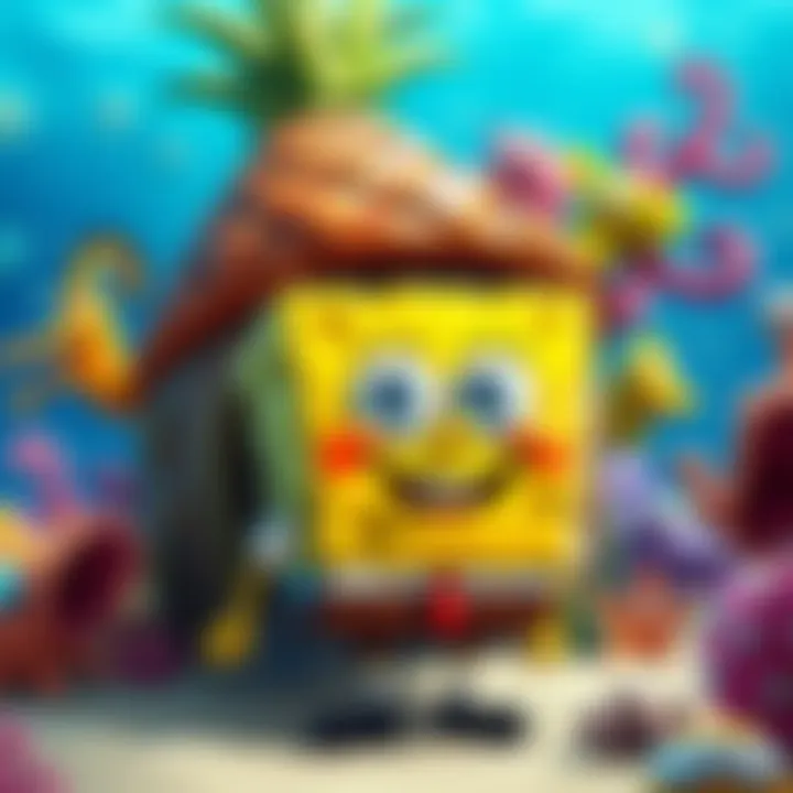 Spongebob Squarepants smiling in his pineapple house surrounded by sea friends