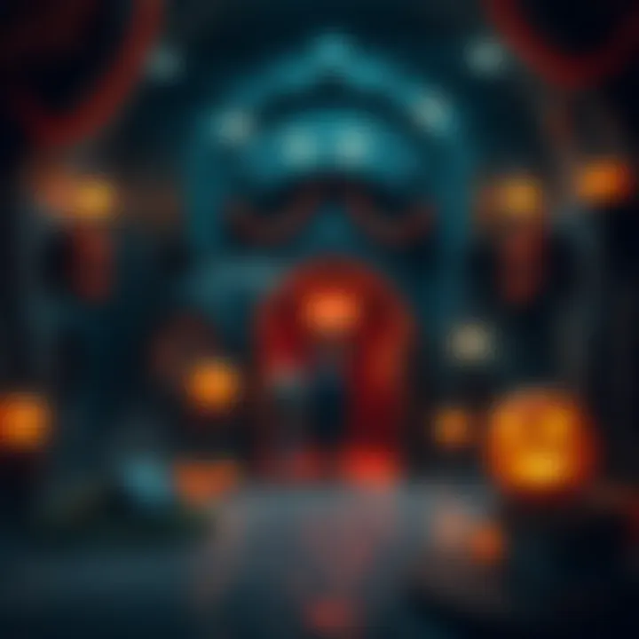 A dark and eerie dungeon entrance adorned with Halloween decorations and glowing jack-o'-lanterns, inviting visitors inside.