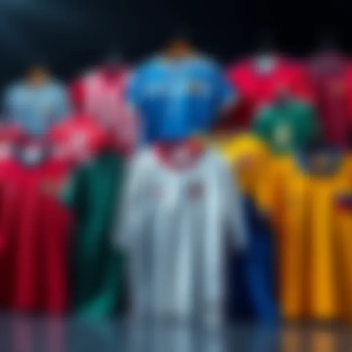 Various sports team jerseys from different countries displayed together, showcasing different styles and colors