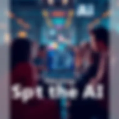 A group of people engaged in a discussion, with one individual using a laptop displaying AI-generated content, showcasing the challenge of distinguishing human ideas from AI output.