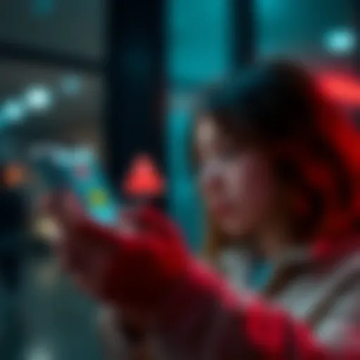 A person looking at a smartphone with alert symbols showing warning signs of scams in digital communication.