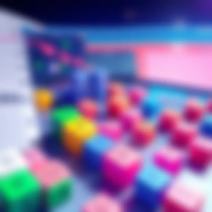 A colorful illustration of a puzzle game interface featuring spreadsheet functions like SUM and AVERAGE. Players interact with data blocks to solve challenges.