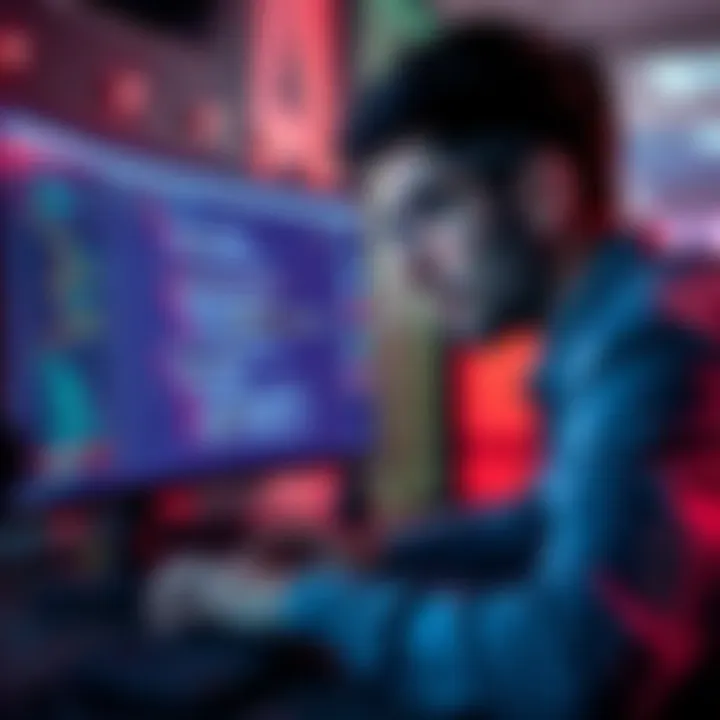 A developer examining a computer screen displaying code with flashing sprite graphics