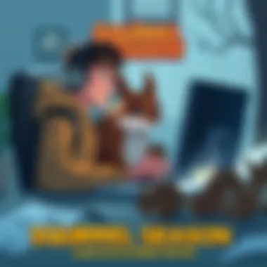 A game developer working on Squirrel Season with a computer and sketches of squirrels around.