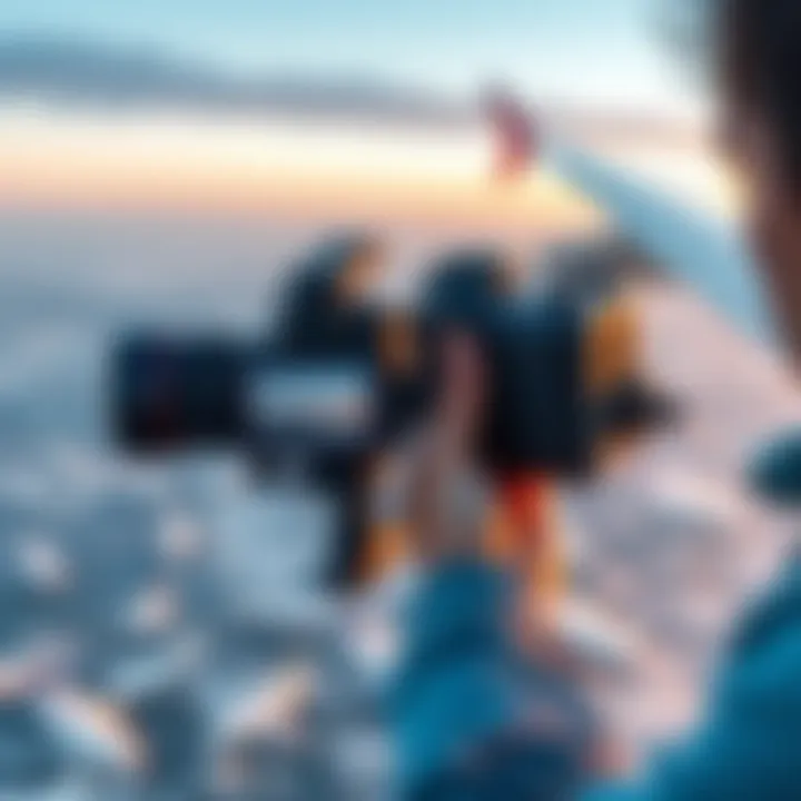 A person using a gimbal to stabilize shaky footage on an airplane during strong winds