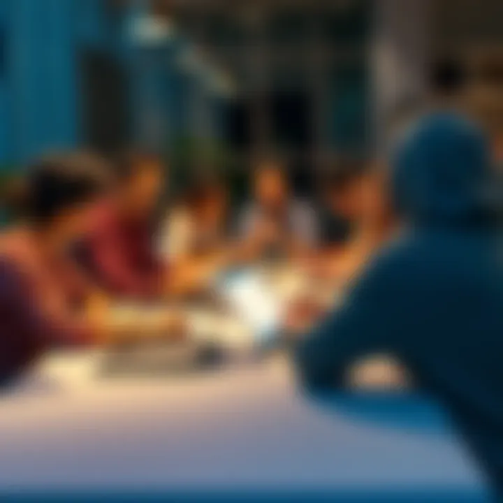 A group of diverse people discussing their experiences with Stack Exchange changes around a table, with laptops and notes in front of them.