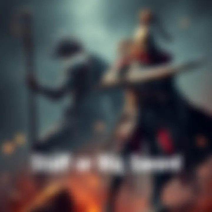 A warrior holding a staff on one side and another warrior wielding a big sword on the other side, ready for battle