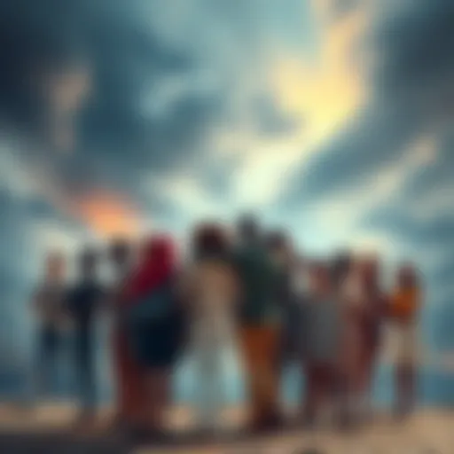 A group of diverse people standing together, showing resilience and support against a backdrop of a changing landscape.