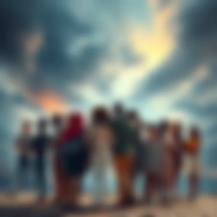 A group of diverse people standing together, showing resilience and support against a backdrop of a changing landscape.