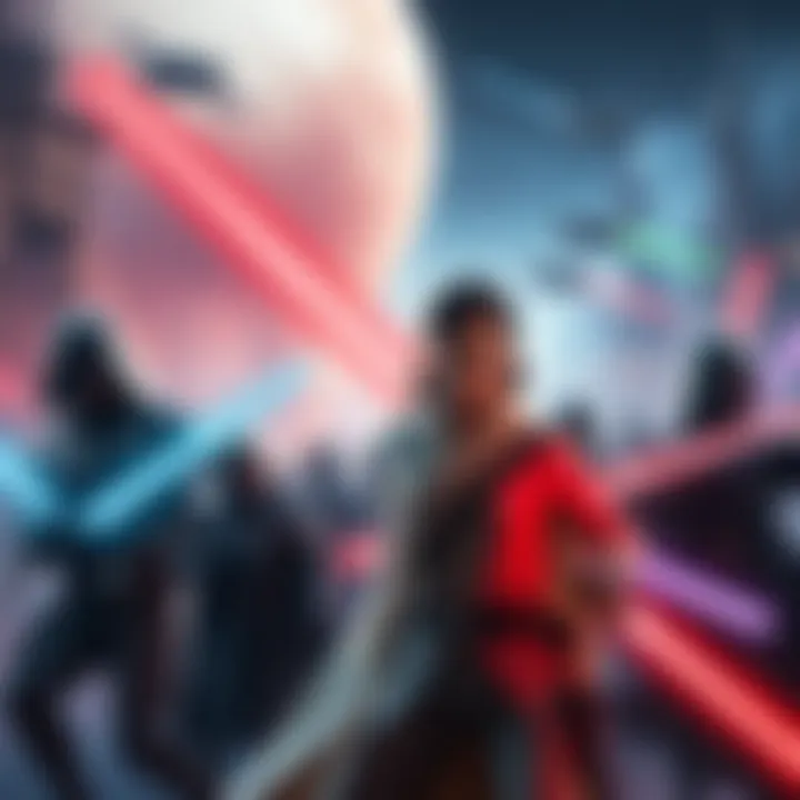 A scene showing iconic Star Wars characters, including a female figure resembling Leia, in an epic battle setting with lightsabers and spaceships