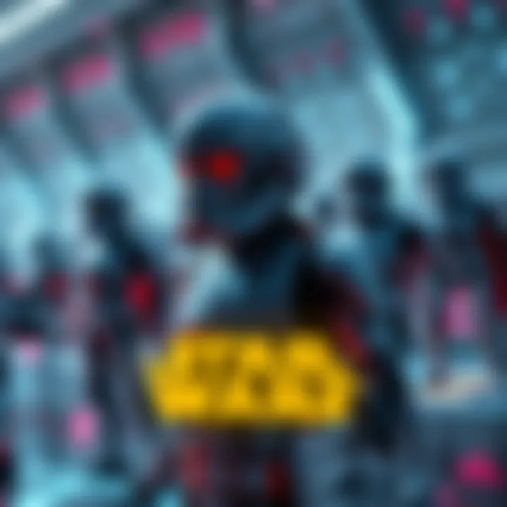 A futuristic scene featuring robots and advanced technology from the Star Wars universe