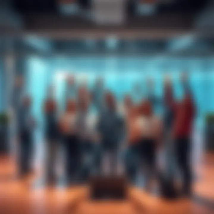 A team of engineers celebrates a significant breakthrough in large language model technology in a modern office setting