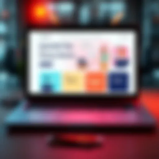A laptop displaying a modern startup website layout with sections for team bios, project showcase, and investor insights.