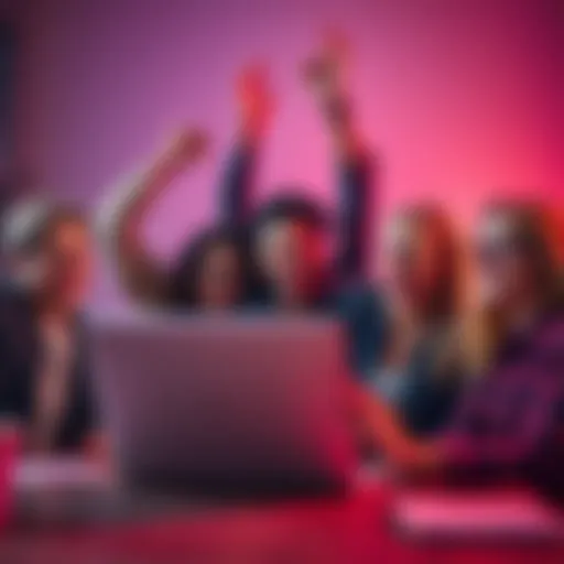 A group of diverse entrepreneurs celebrating around a laptop, excited about free access to Claude Team and cash benefits for their startups