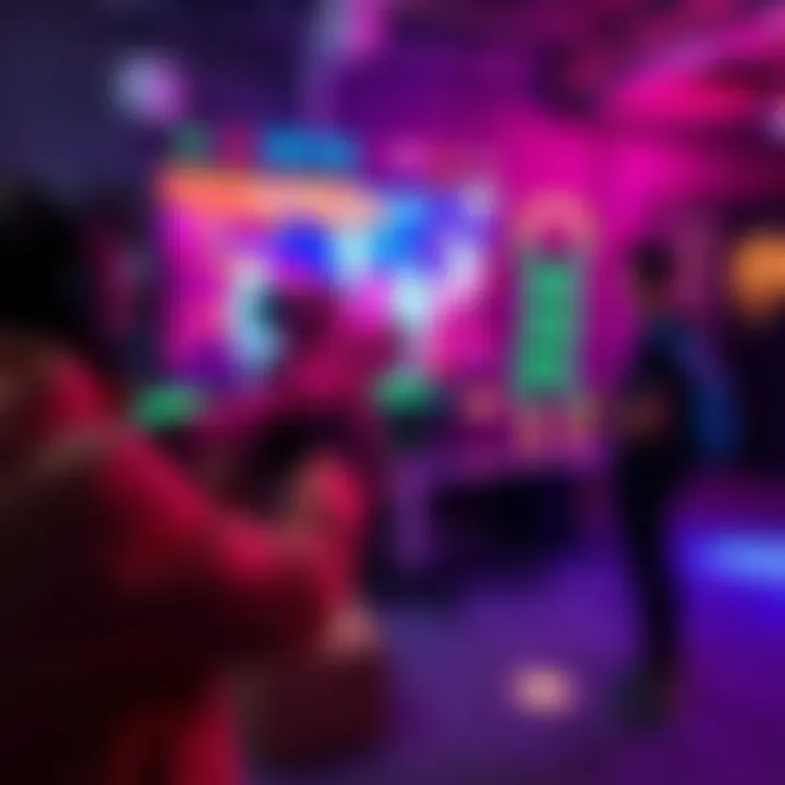 A player engages with a sensor-based stationary shooter game, aiming at targets on a screen with a vibrant gaming setup.