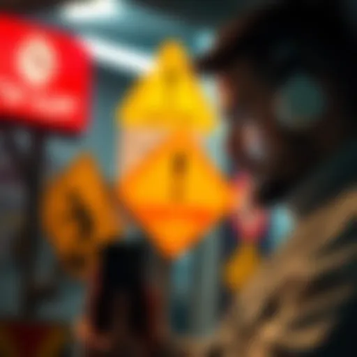 A person looking at a smartphone with caution signs and alerts in the background