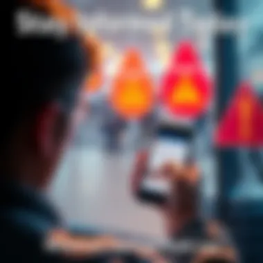 A person reading news alerts on a smartphone, with warning symbols in the background
