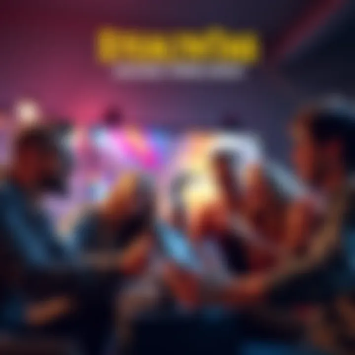 A group of friends playing StealthTag, laughing and engaged in the multiplayer game, with game elements visible on the screen.