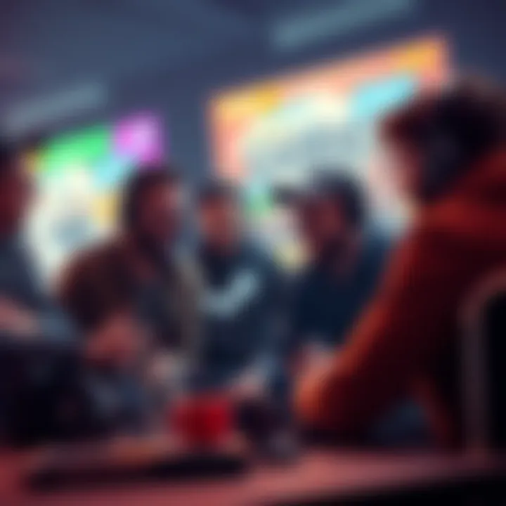 A group of modders working together on a marketing plan for their Steam game launch, showing enthusiasm and creativity while brainstorming