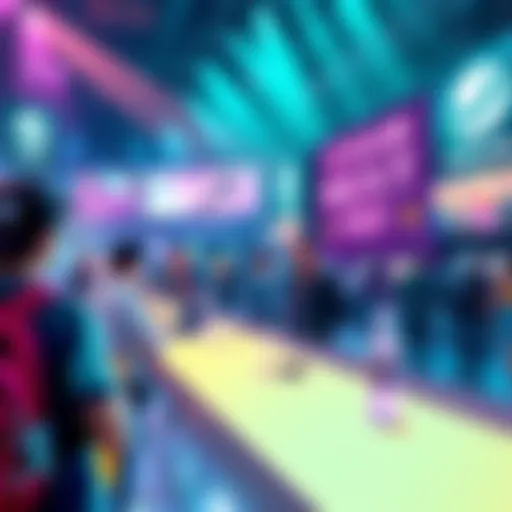 A vibrant scene showcasing indie game developers at Steam Next Fest, excitedly discussing their games and sharing success stories, with banners and gaming displays in the background.