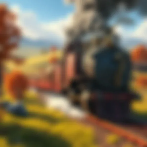 Concept art of a steam train moving through a vibrant, detailed environment with rolling hills and trees