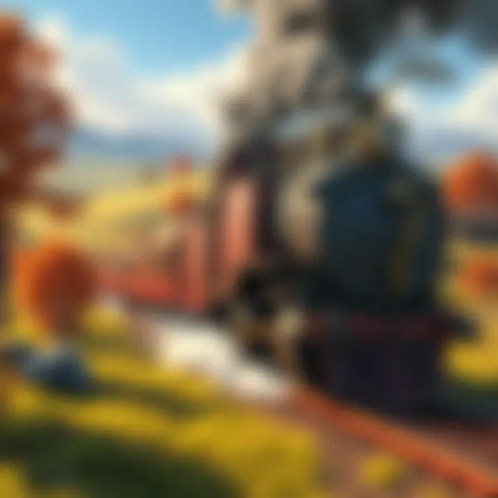 Concept art of a steam train moving through a vibrant, detailed environment with rolling hills and trees