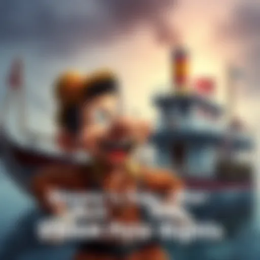 A vintage-style cartoon character resembling Steamboat Pete, featuring a steamboat in the background, showing a lively scene with a playful expression.