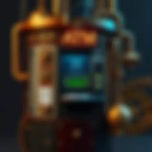 A whimsical Steampunk ATM with brass gears and pipes, showcasing high transaction fees in a playful manner.