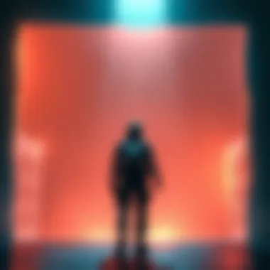 A player character in a video game scene, positioned in front of a mesh that creates a see-through wall effect, making the environment appear transparent