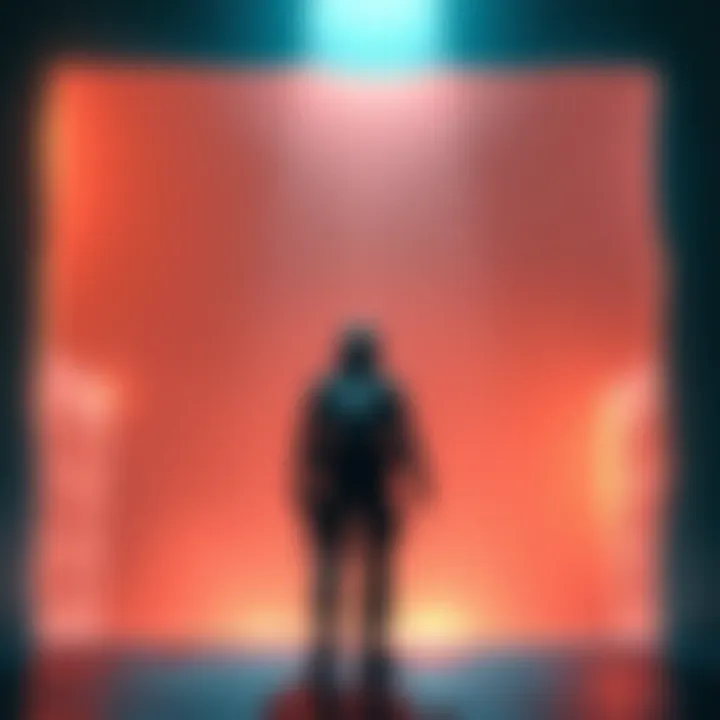 A player character in a video game scene, positioned in front of a mesh that creates a see-through wall effect, making the environment appear transparent