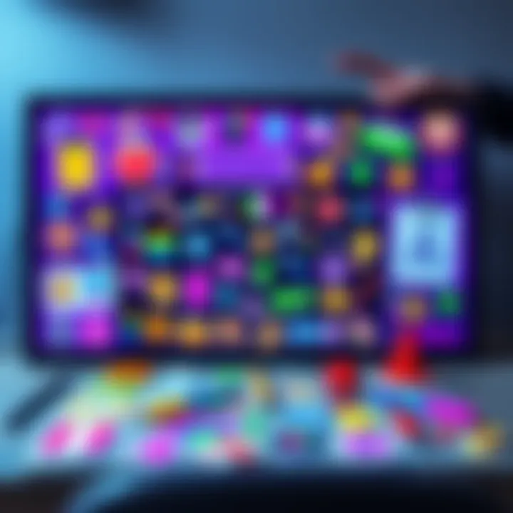 A colorful screen showing a sticker decorating game with various stickers and designs being added to a virtual canvas.