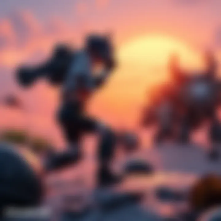 A character in a sci-fi outfit uses a giant wrench against enemies on a lively planet under continuous sunrise.