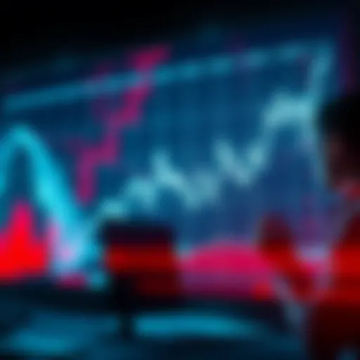 A stock market graph showing a downward trend with worried investors looking at their screens.
