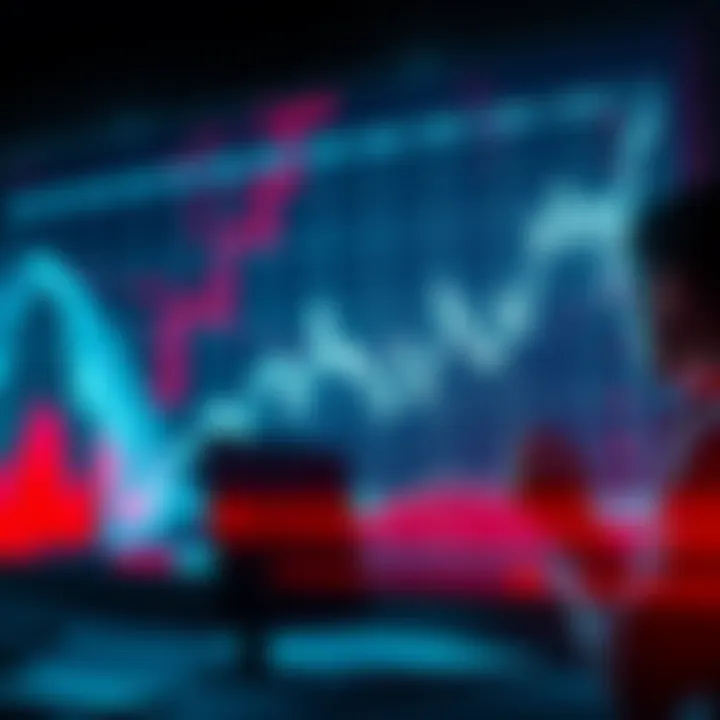 A stock market graph showing a downward trend with worried investors looking at their screens.